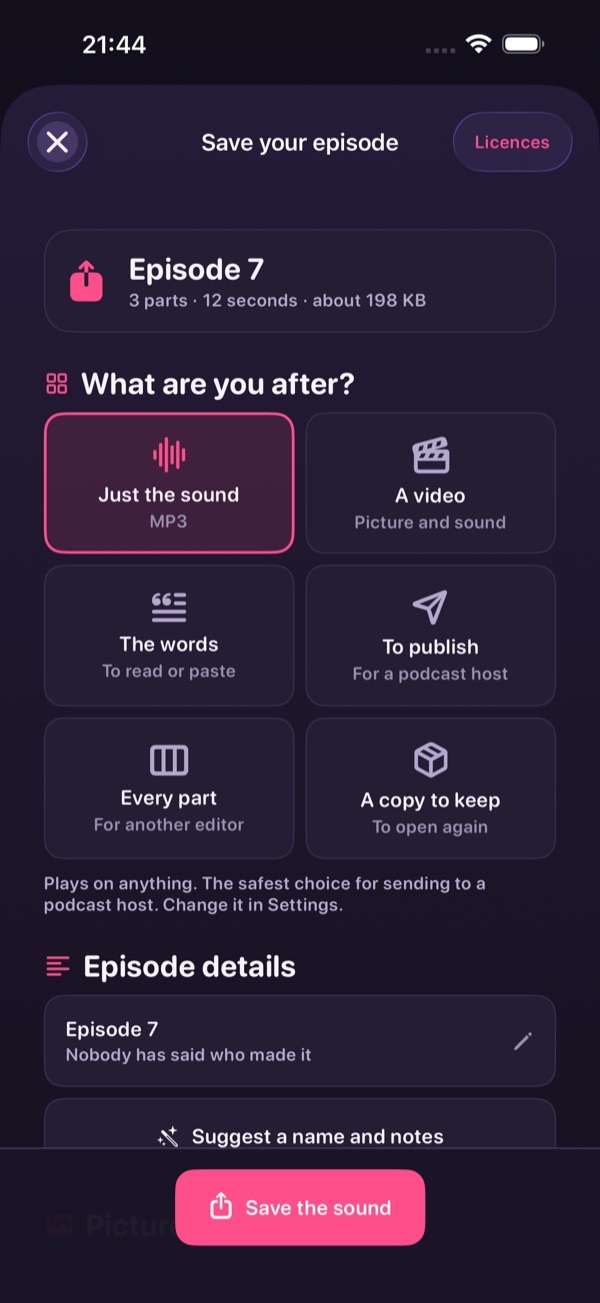 Saving an episode as sound, video, words or separate parts